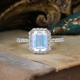 2 Carat Emerald Cut Moonstone 4 Prong Engagement Ring Pave Halo Bridal Ring